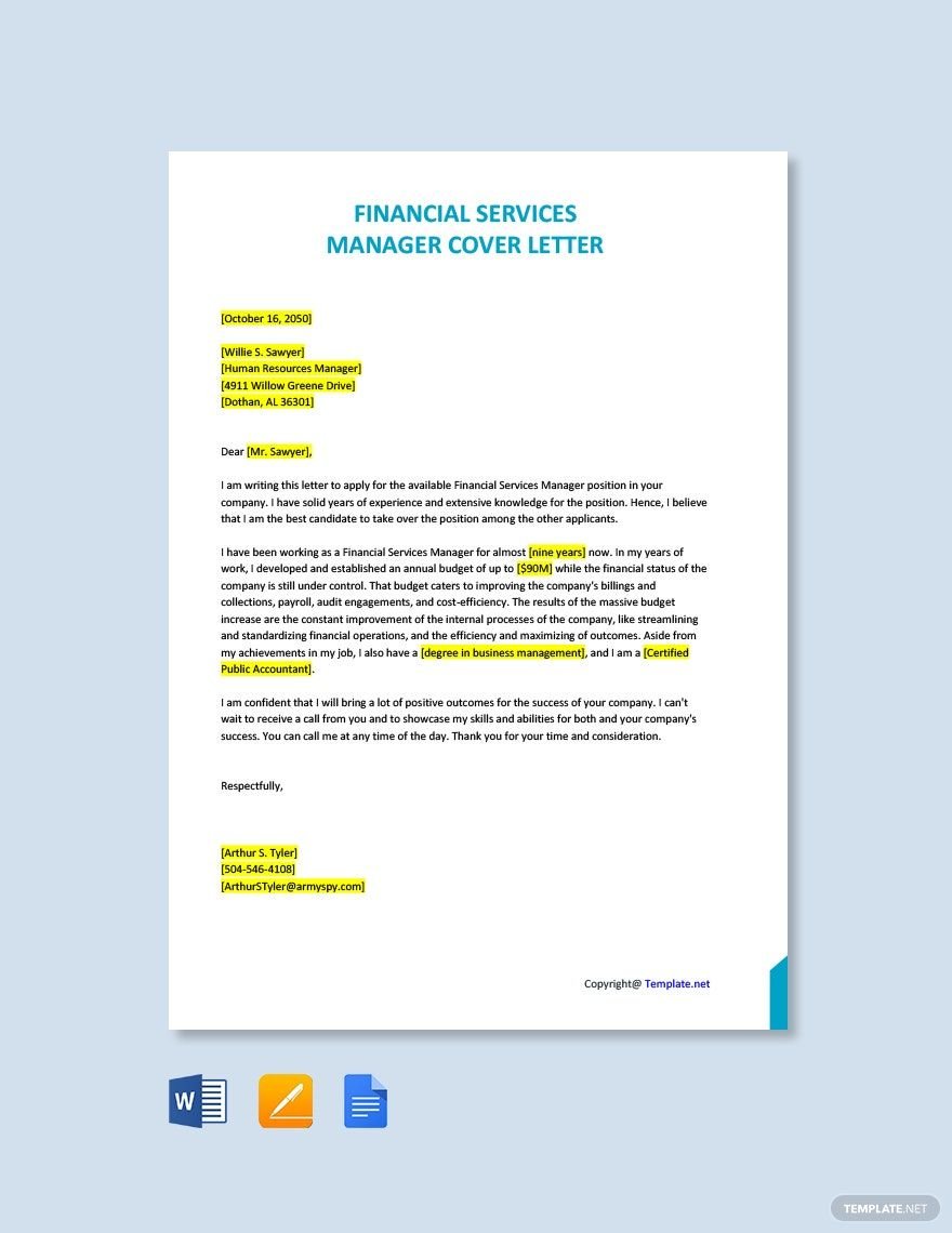Free Financial Services Manager Cover Letter