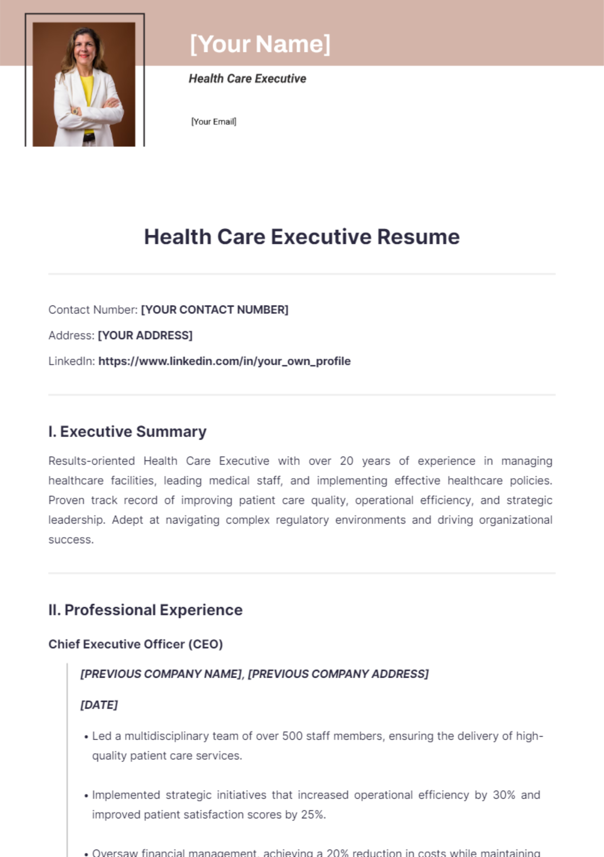 Health Care Executive Resume - Edit Online & Download