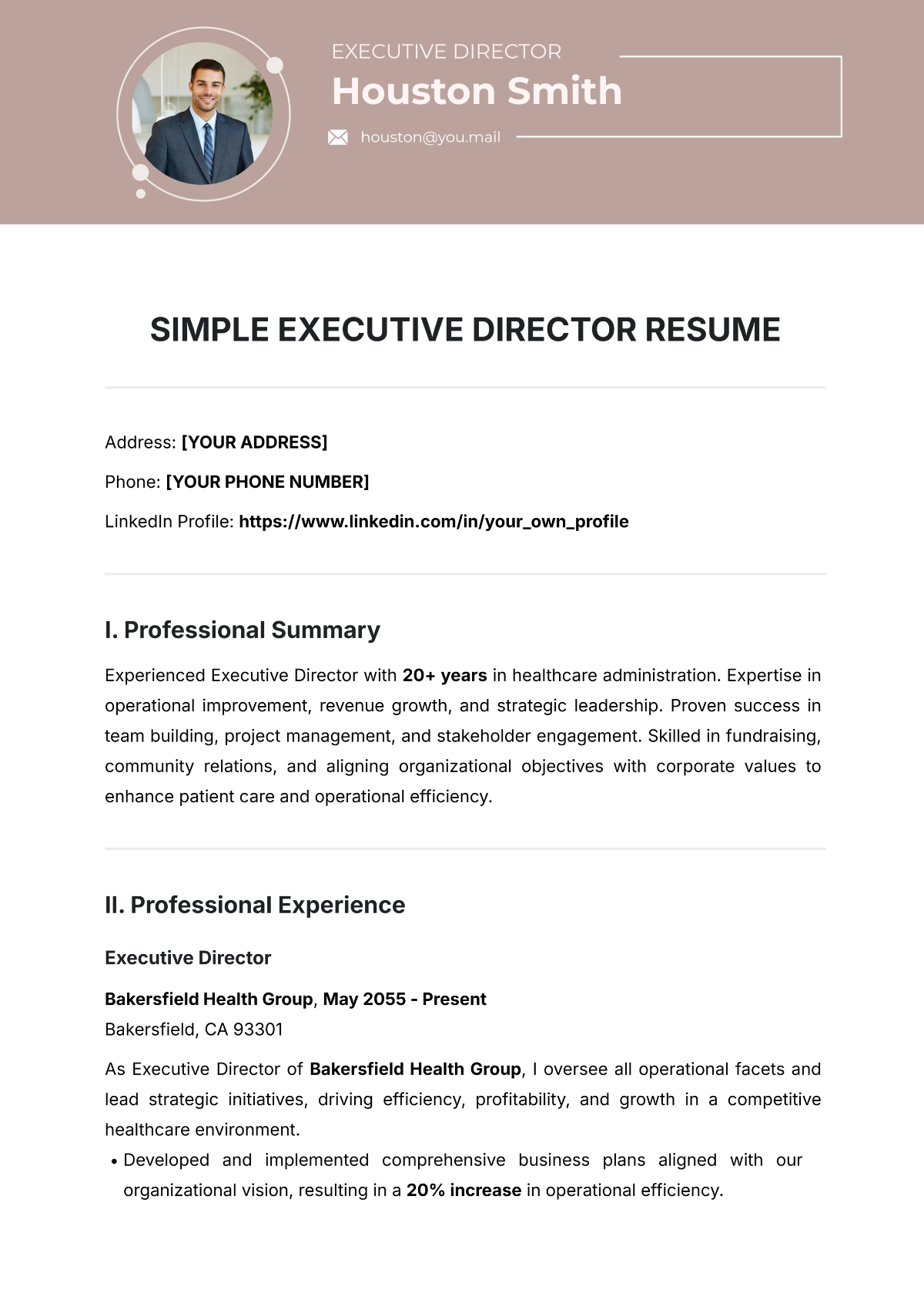 Simple Executive Director Resume Template - Edit Online & Download