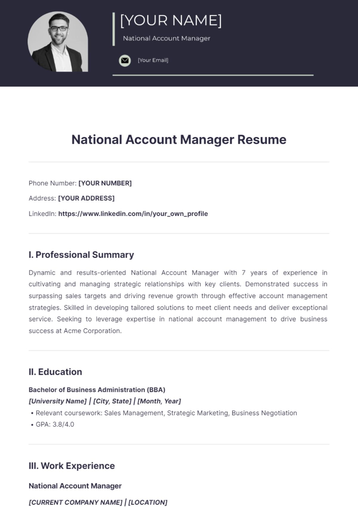 National Account Manager Resume - Edit Online & Download