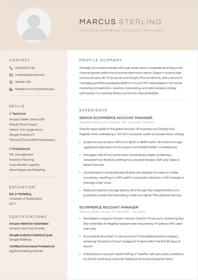 Free Ecommerce Account Manager ATS Resume Template, AI Resume Builder
