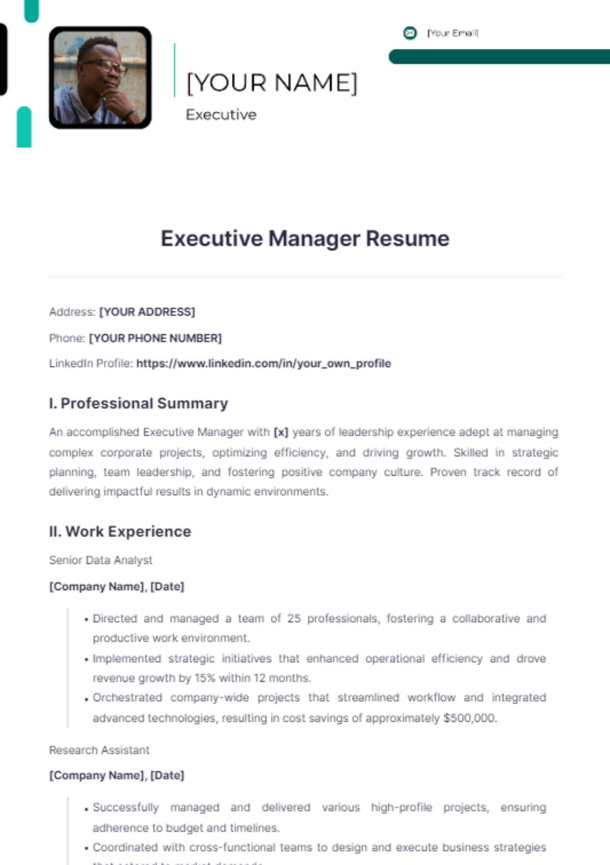 Executive Manager Resume - Edit Online & Download