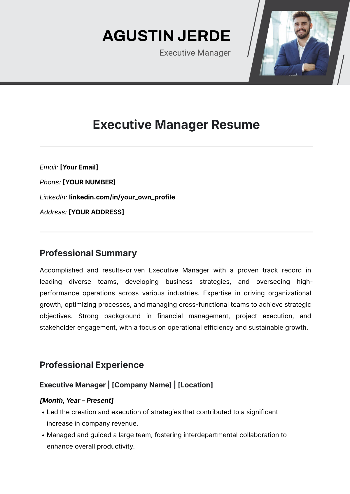 Executive Manager Resume Template - Edit Online & Download