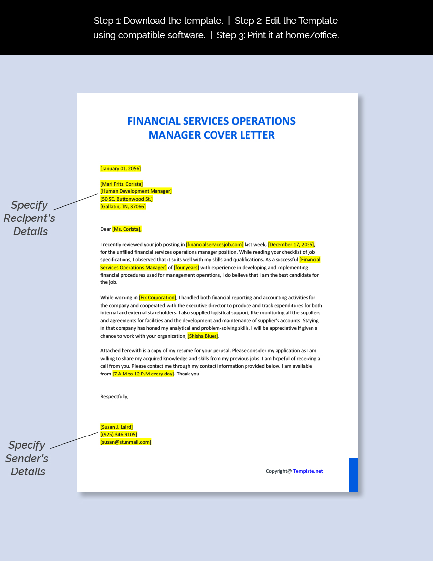 Financial Services Operations Manager Cover Letter