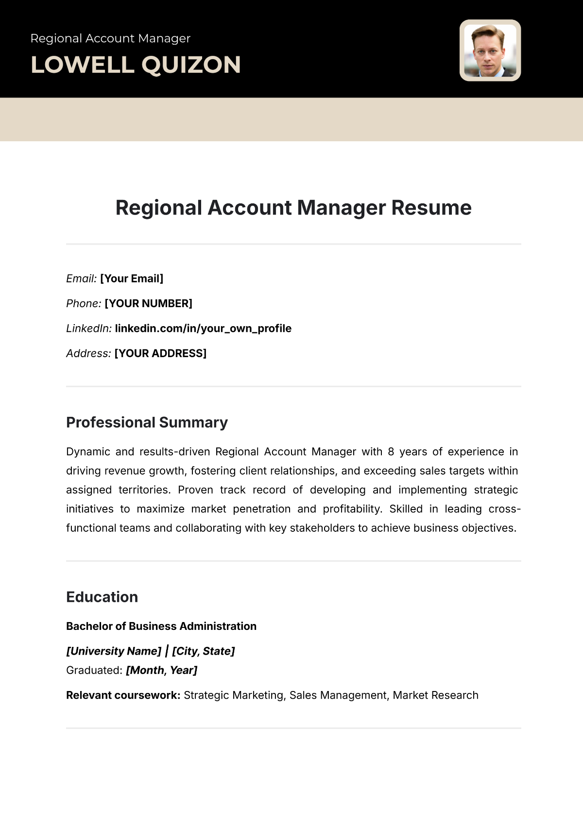 Regional Account Manager Resume Template - Edit Online & Download