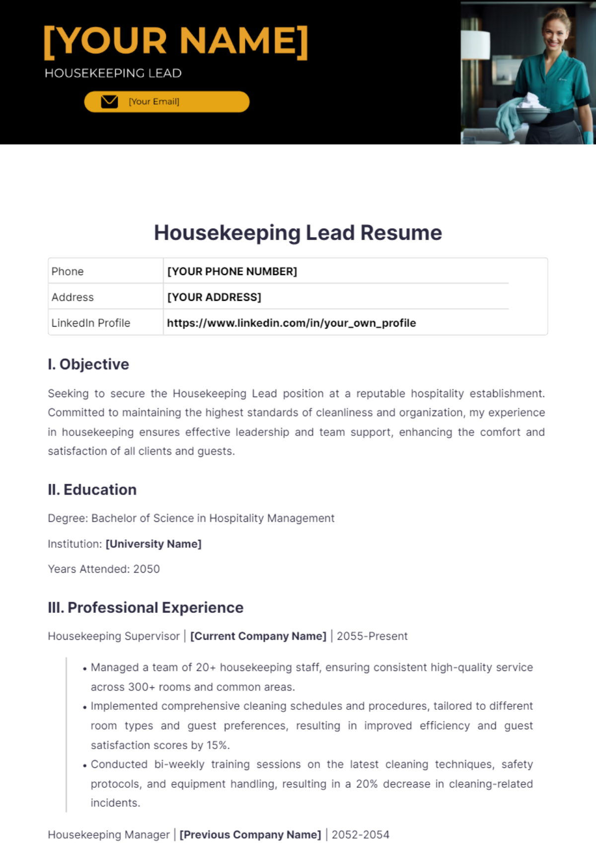 Housekeeping Lead Resume - Edit Online & Download