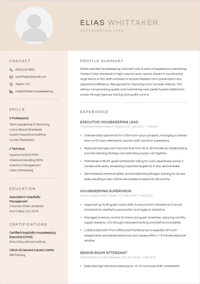 Free Housekeeping Lead ATS Resume Template, AI Resume Builder