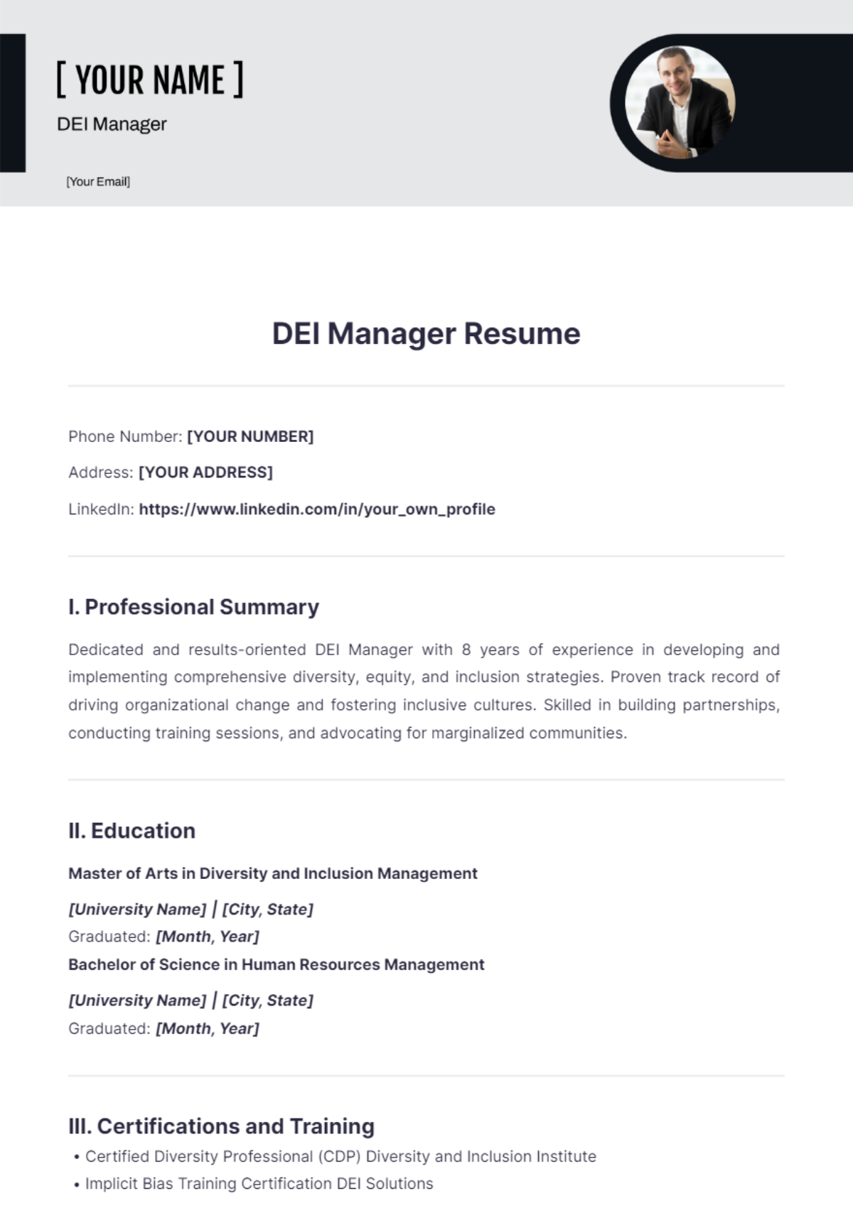 DEI Manager Resume - Edit Online & Download