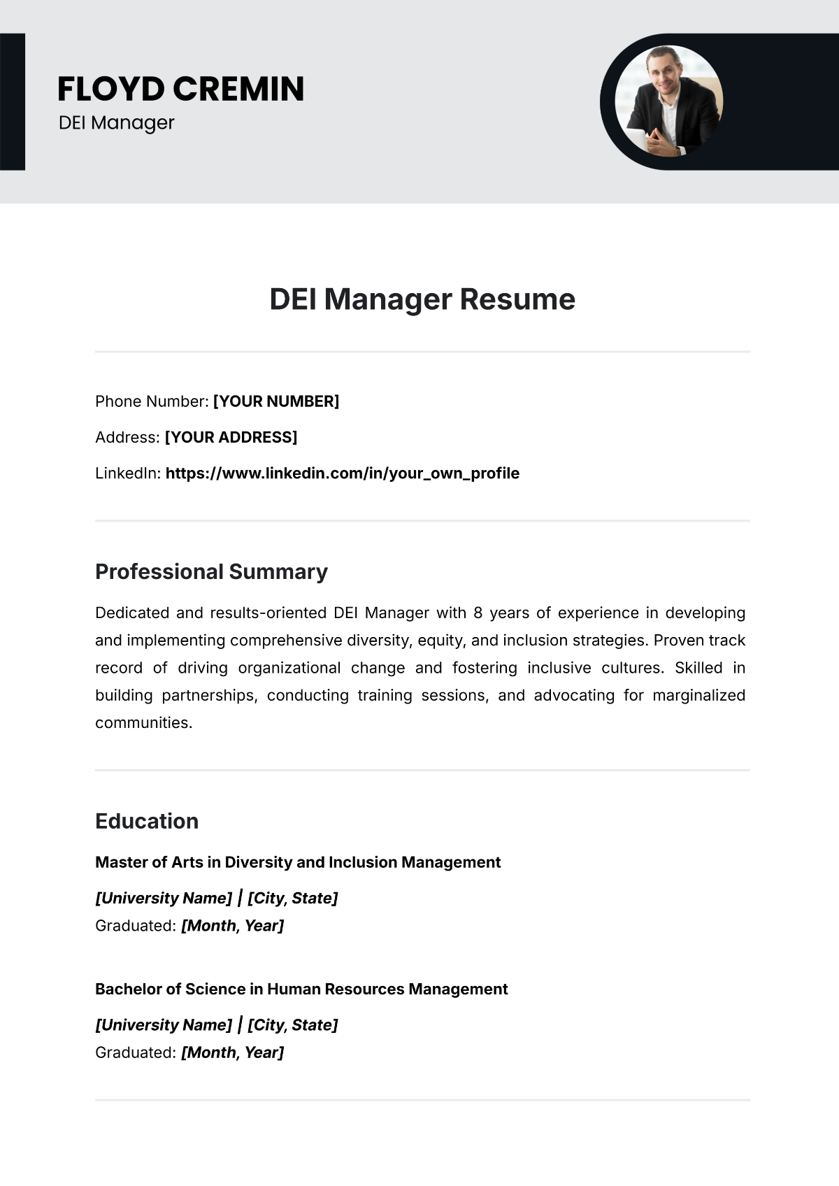 DEI Manager Resume Template - Edit Online & Download