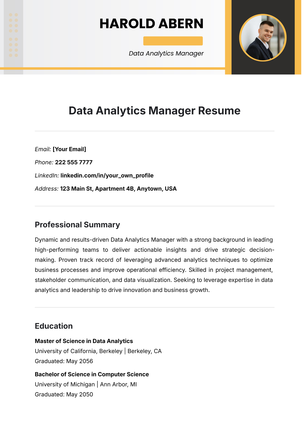 Data Analytics Manager Resume - Edit Online & Download