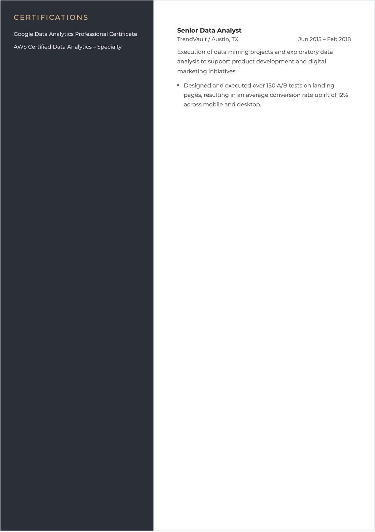 Free Data Analytics Manager ATS Resume Template, AI Resume Builder