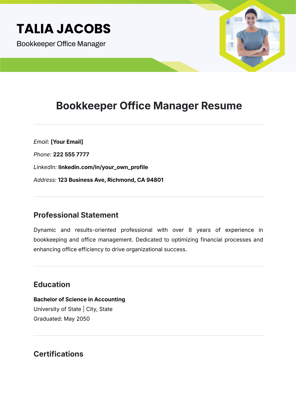 Bookkeeper Office Manager Resume Template - Edit Online & Download