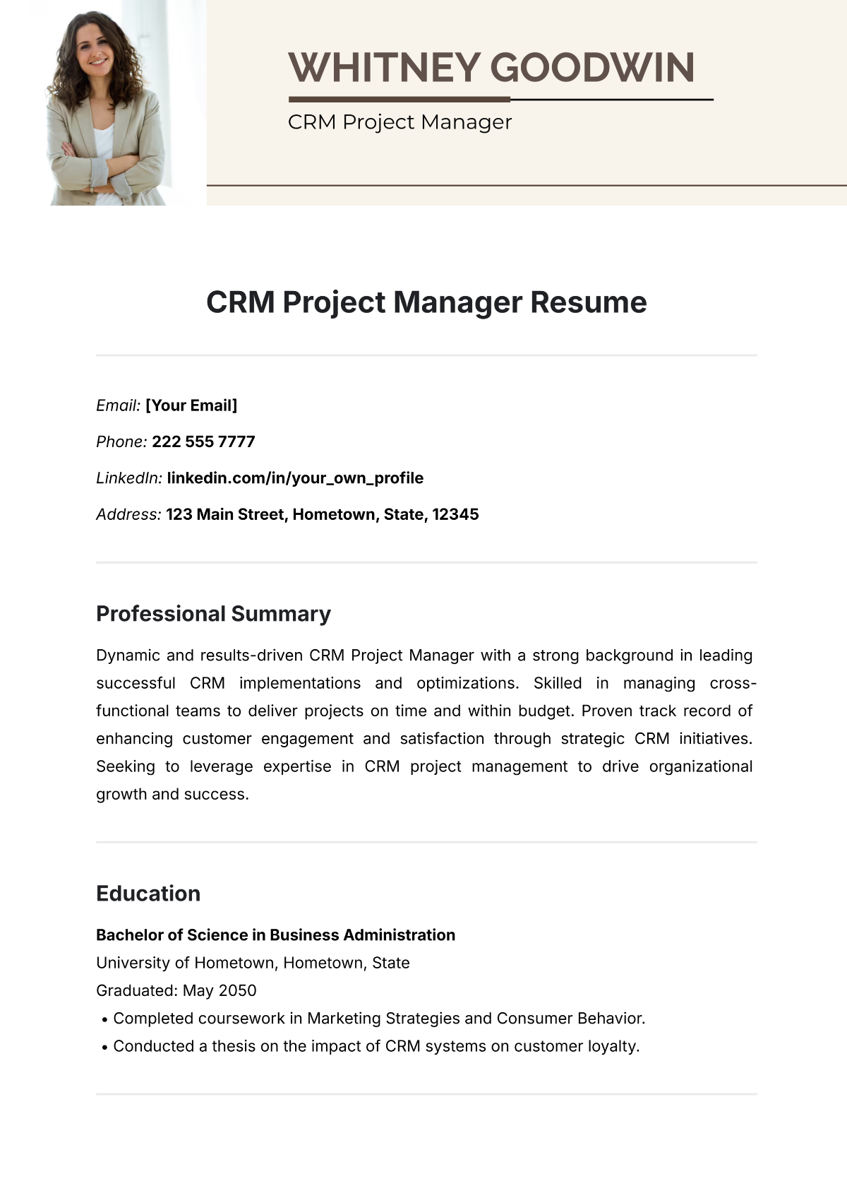 Free CRM Project Manager Resume Template - Edit Online & Download ...