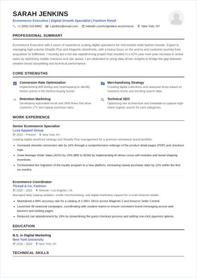 Free Ecommerce Executive ATS Resume Template, AI Resume Builder