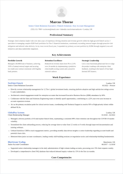 Free Client Relations Executive ATS Resume Template, AI Resume Builder