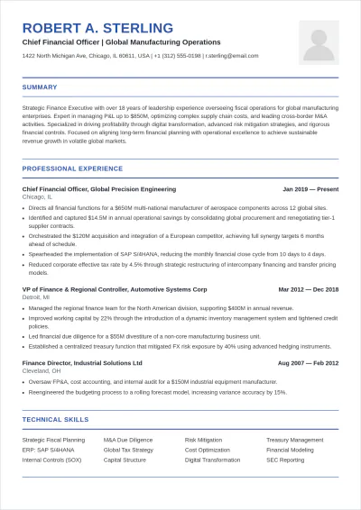 Free Senior Finance Executive ATS Resume Template, AI Resume Builder