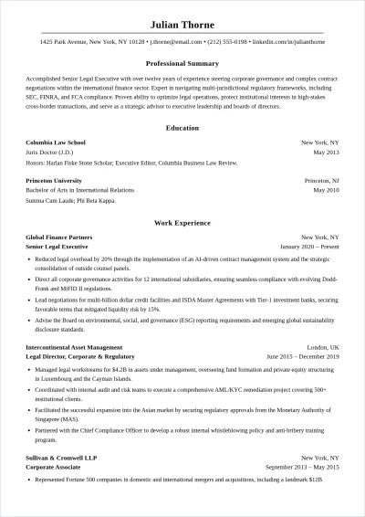Free Legal Executive ATS Resume Template, AI Resume Builder