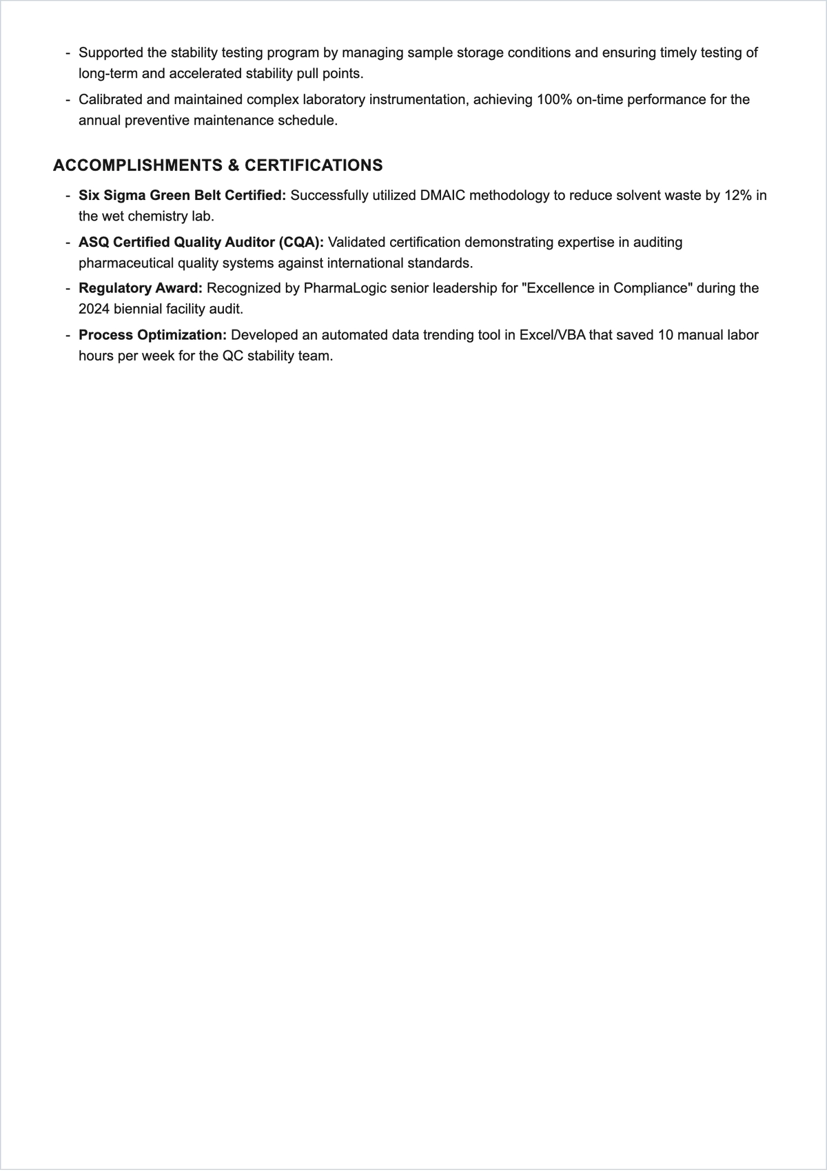 Free Quality Control Executive ATS Resume Template, AI Resume Builder