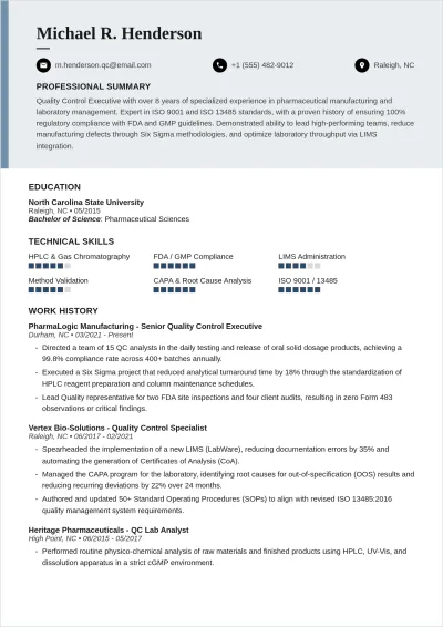 Free Quality Control Executive ATS Resume Template, AI Resume Builder