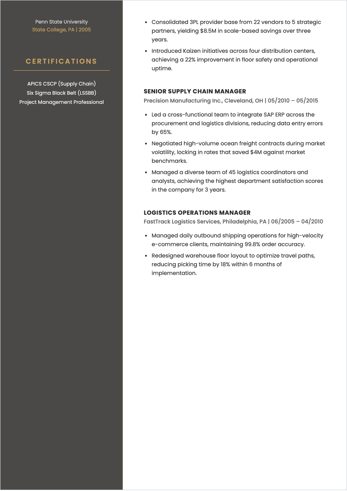 Free Logistics & Supply Chain Executive ATS Resume Template