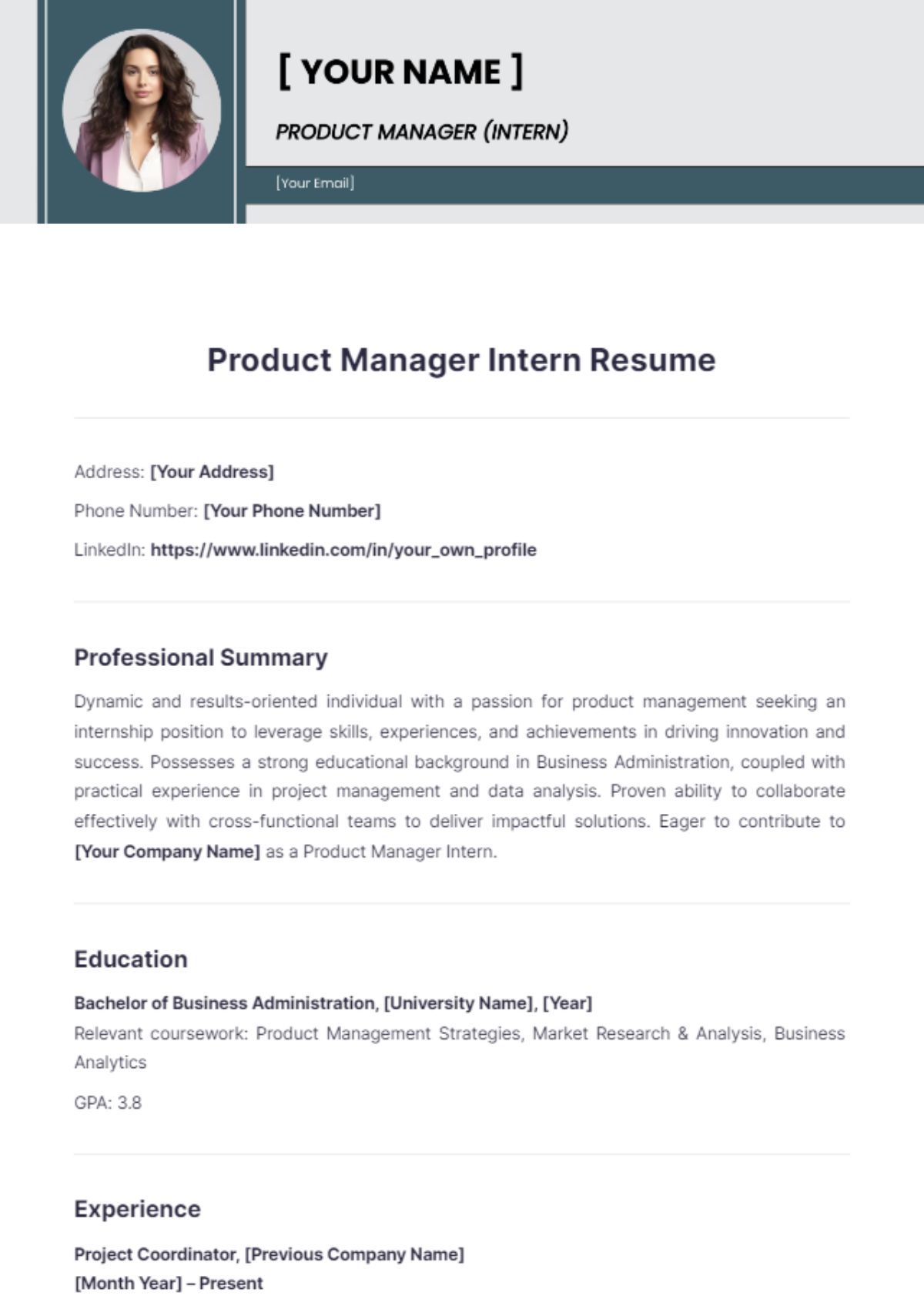 Product Manager Intern Resume - Edit Online & Download