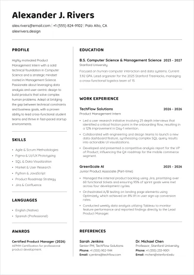 Free Product Manager Intern ATS Resume Template, AI Resume Builder