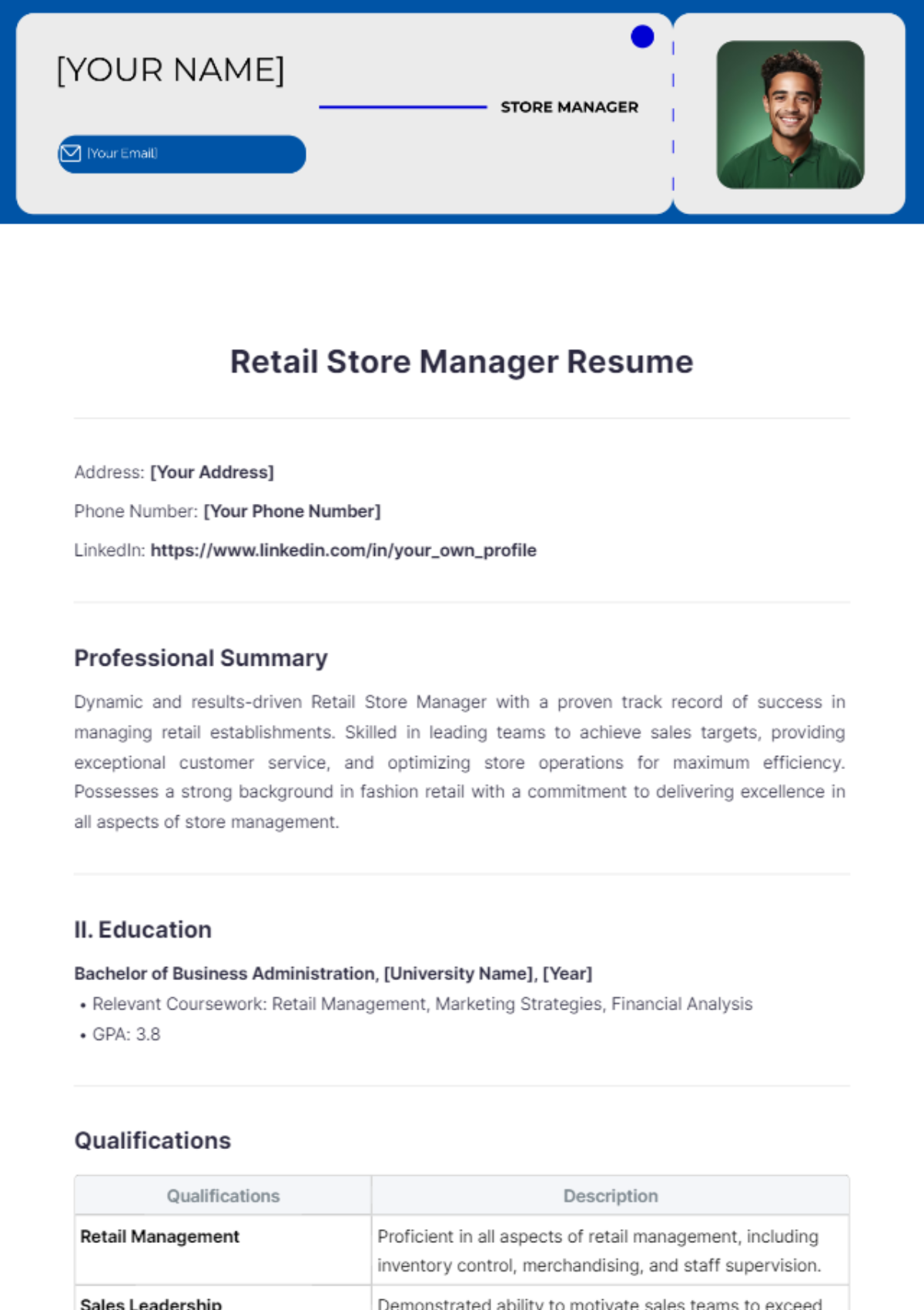 Retail Store Manager Resume - Edit Online & Download