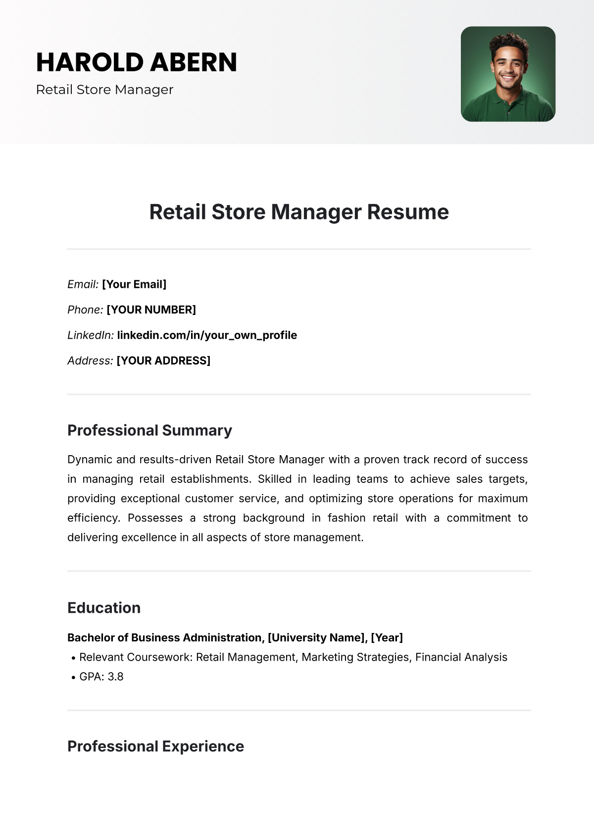 Retail Store Manager Resume Template - Edit Online & Download