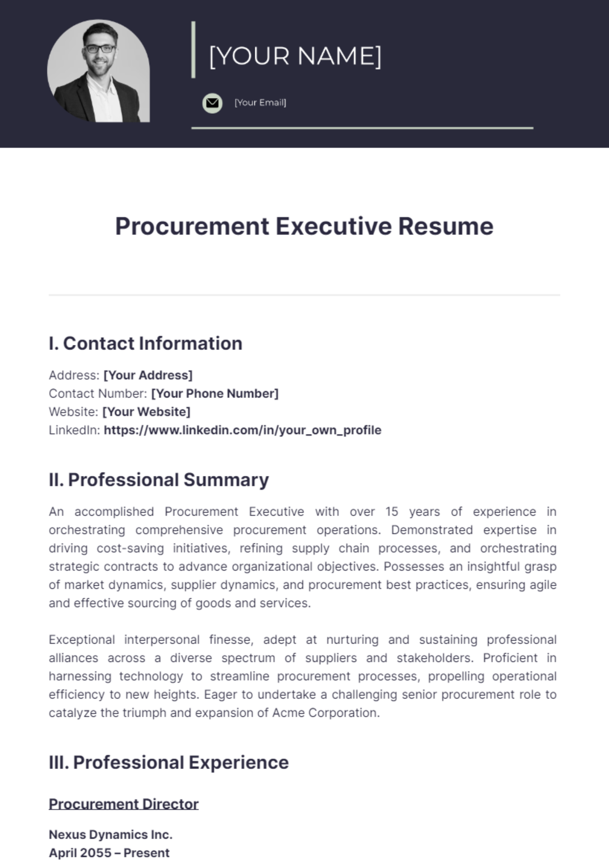 Procurement Executive Resume - Edit Online & Download