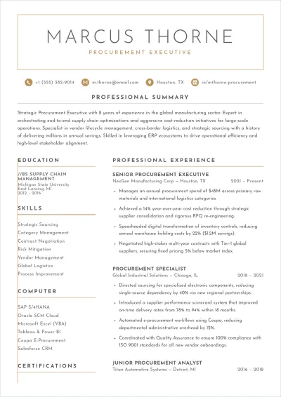 Free Procurement Executive ATS Resume Template, AI Resume Builder