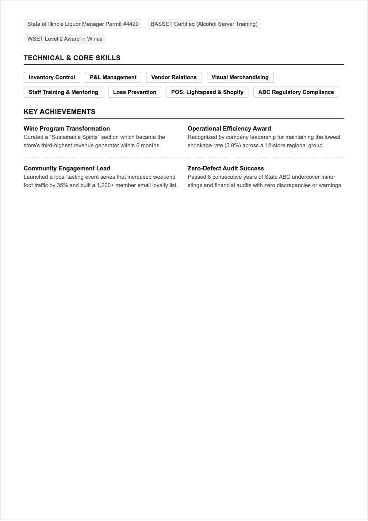 Free Liquor Store Manager ATS Resume Template, AI Resume Builder