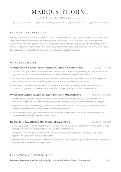 Free Global Operations Executive ATS Resume Template