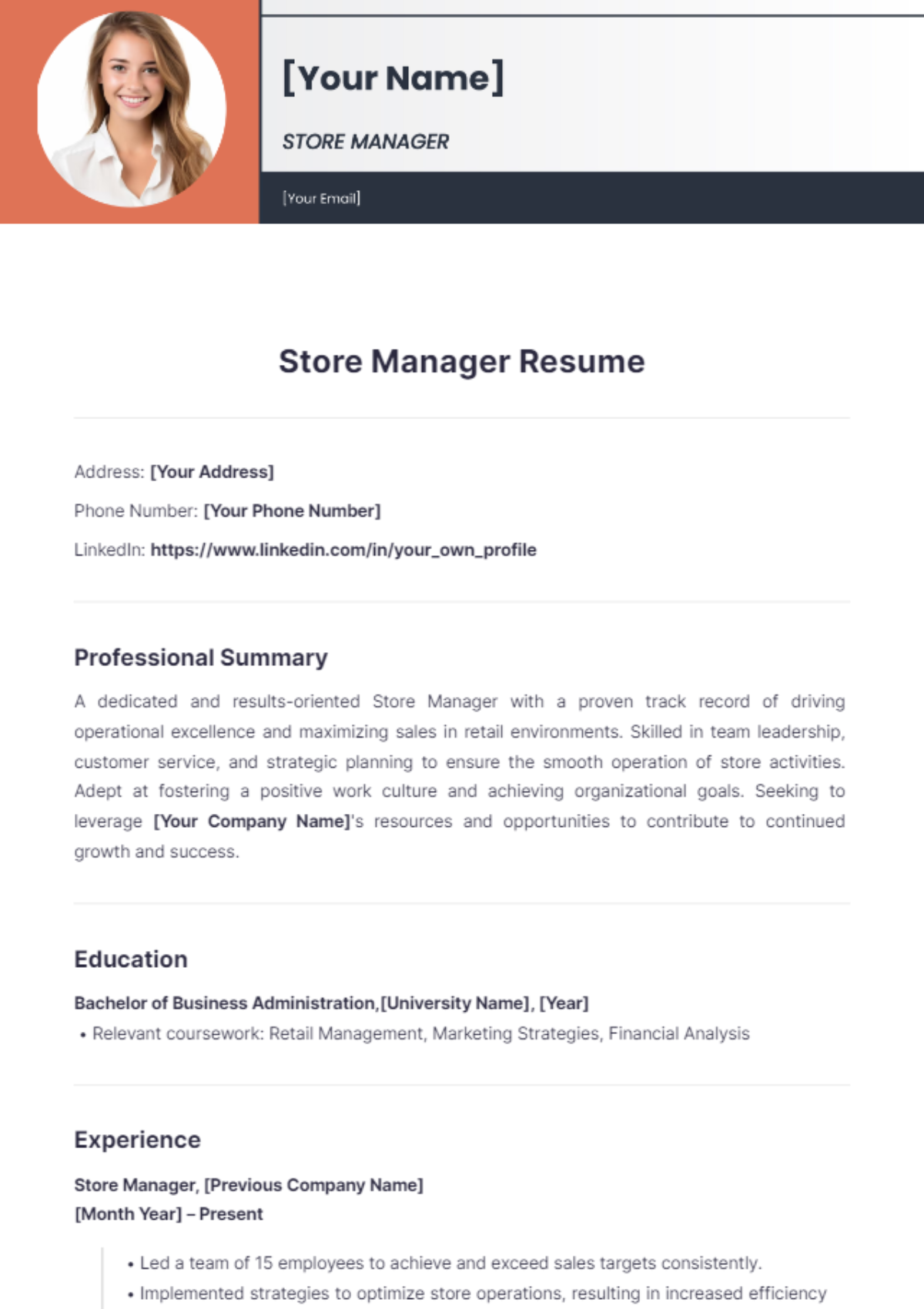 Store Manager Resume - Edit Online & Download