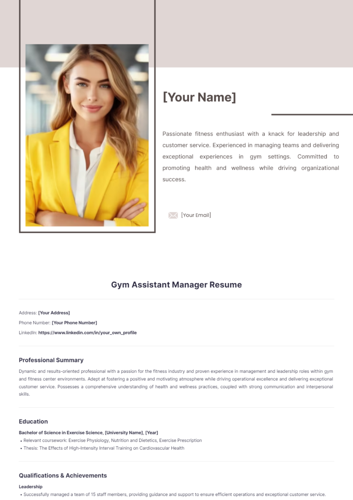 Free Gym Assistant Manager Resume Template - Edit Online & Download ...