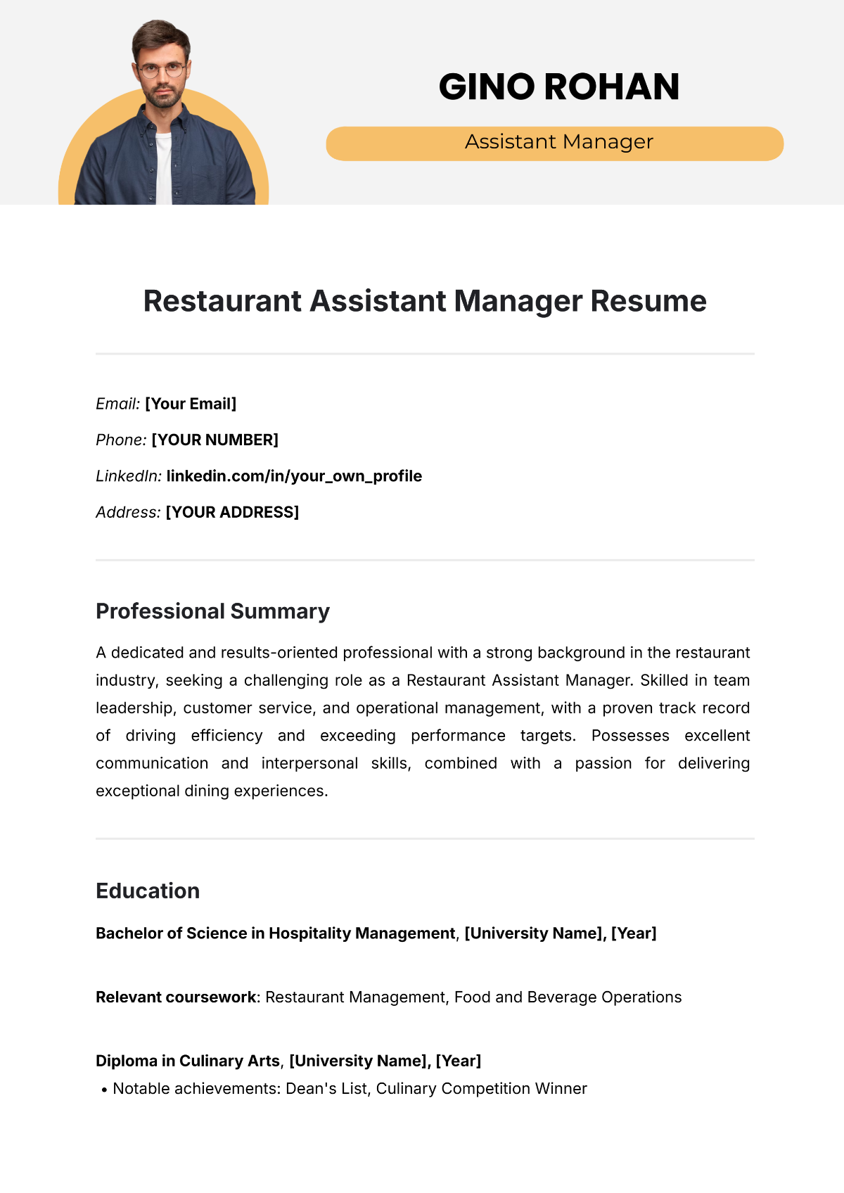 Restaurant Assistant Manager Resume - Edit Online & Download