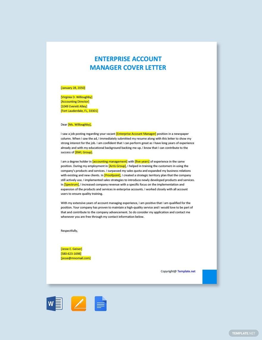 Enterprise Account Manager Cover Letter in Word, Google Docs, PDF, Apple Pages