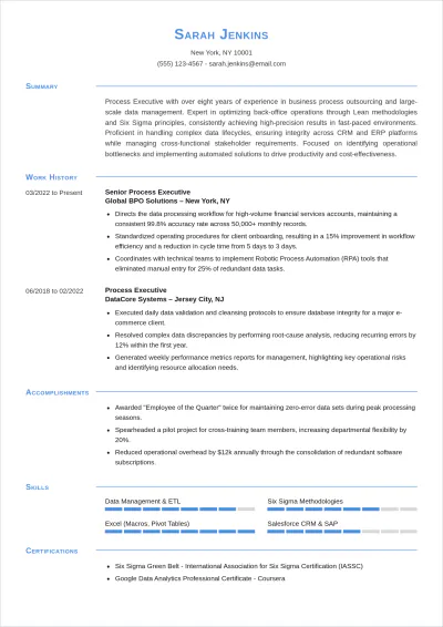 Free Process Executive ATS Resume Template, AI Resume Builder