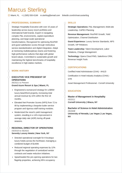Free Hospitality Executive ATS Resume Template, AI Resume Builder