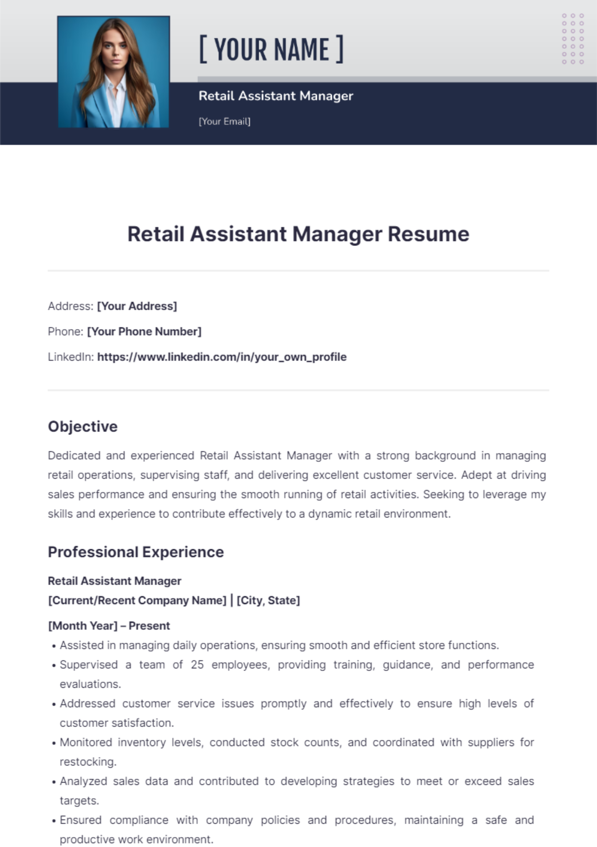 Retail Assistant Manager Resume - Edit Online & Download