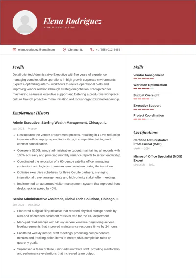 Free Admin Executive ATS Resume Template, AI Resume Builder