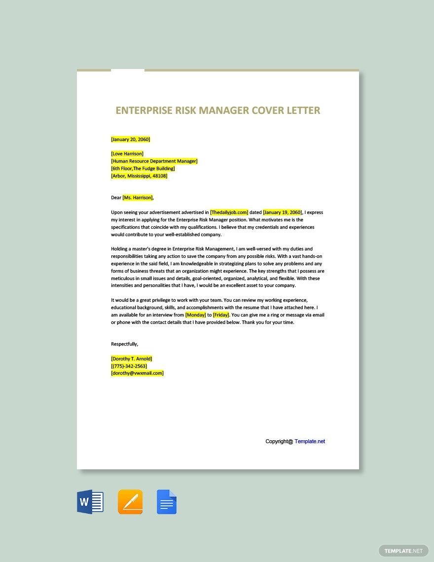 Enterprise Risk Manager Cover Letter in Word, Google Docs, PDF, Apple Pages
