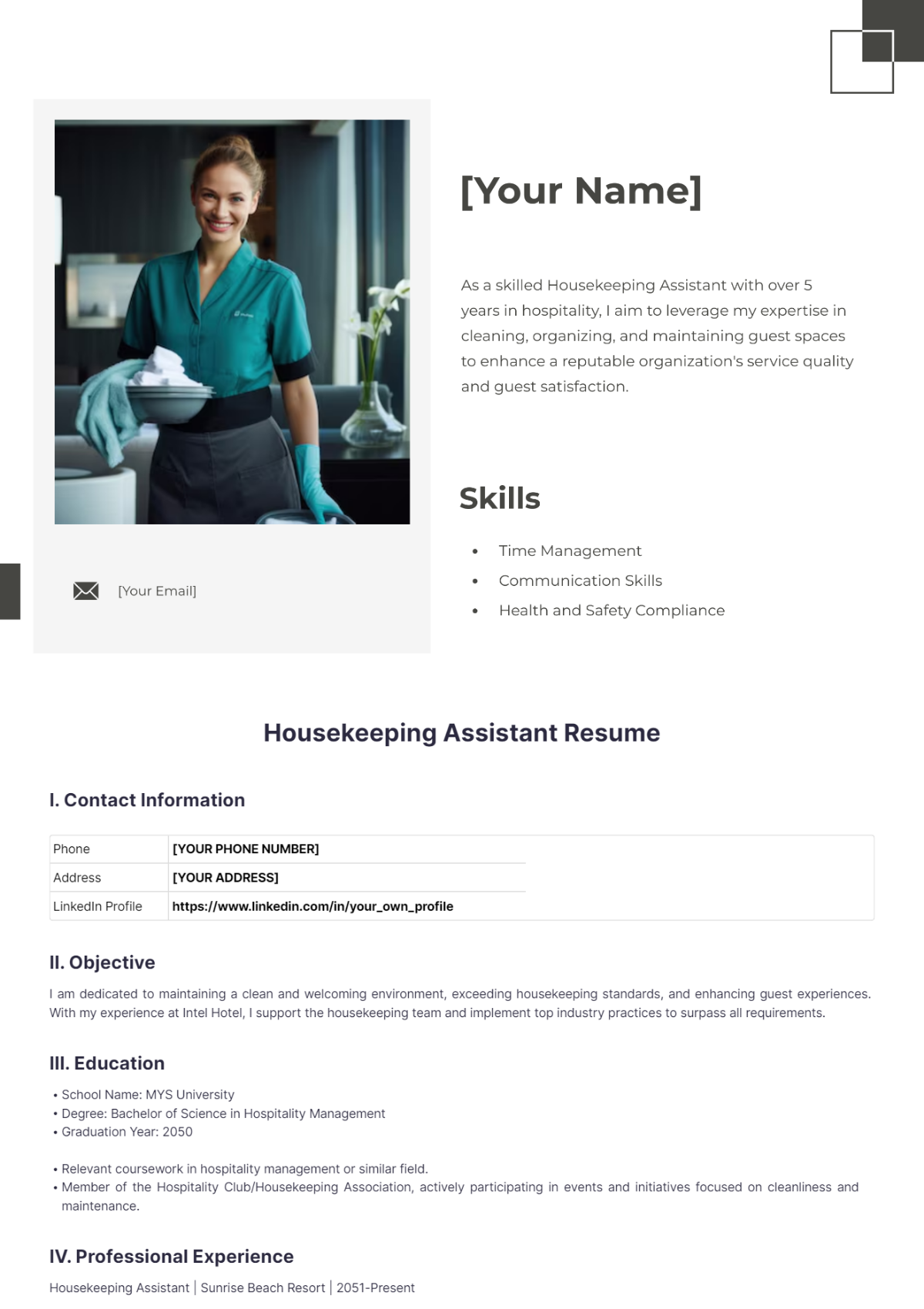 Housekeeping Assistant Resume - Edit Online & Download Example ...