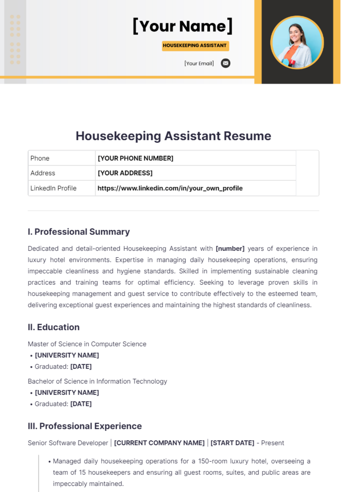 Housekeeping Assistant Resume - Edit Online & Download