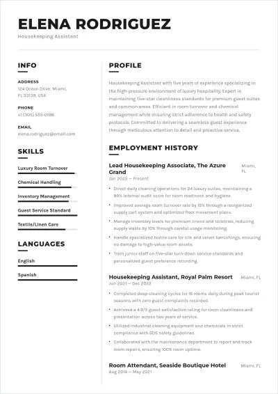 Free Housekeeping Assistant ATS Resume Template, AI Resume Builder