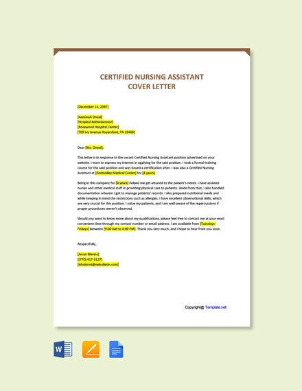 Certified Nursing Assistant Cover Letter Template Free Pdf Google Docs Word Template Net