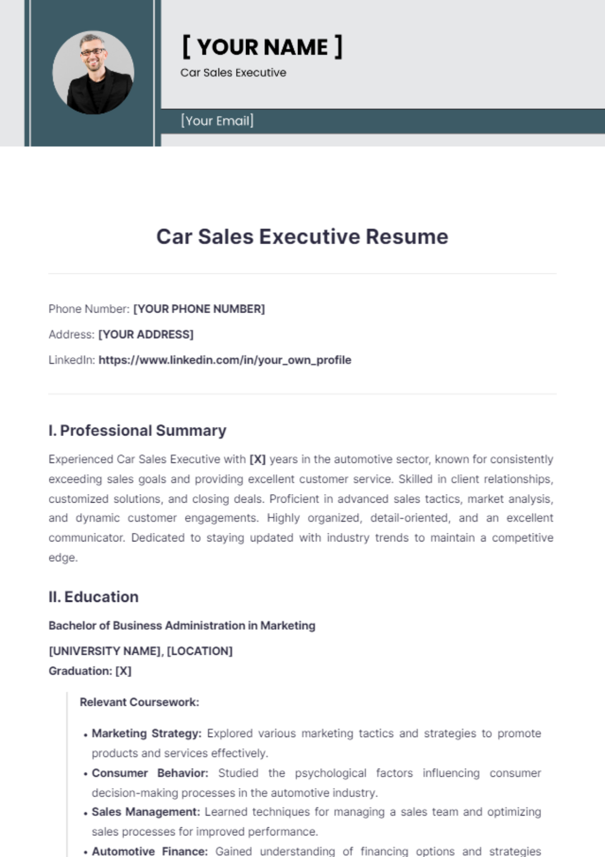 Free Car Sales Executive Resume Template - Edit Online & Download ...