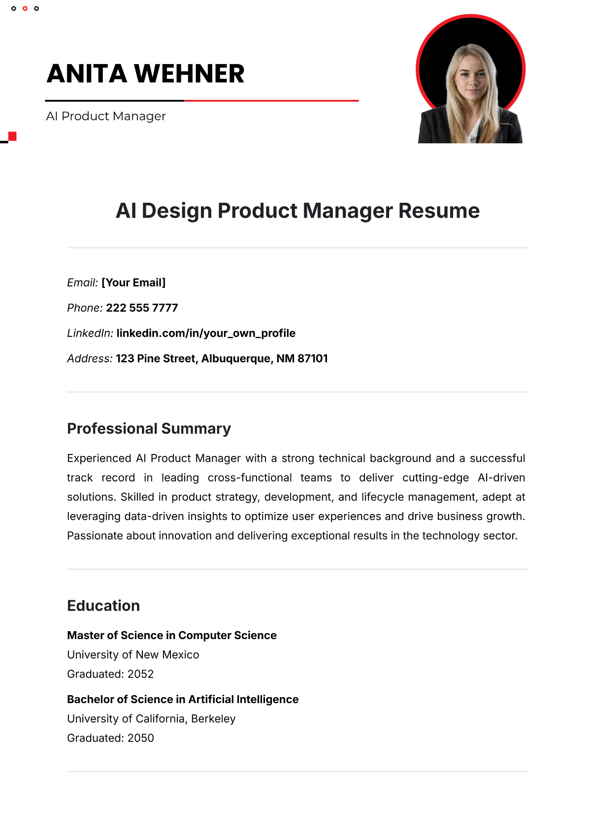 AI Design Product Manager Resume Template - Edit Online & Download