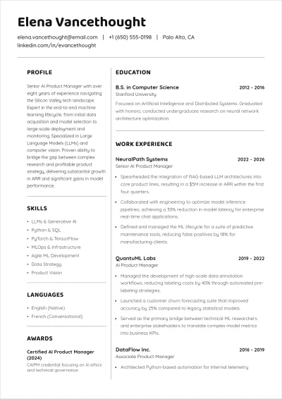 Free AI Design Product Manager ATS Resume Template, AI Resume Builder
