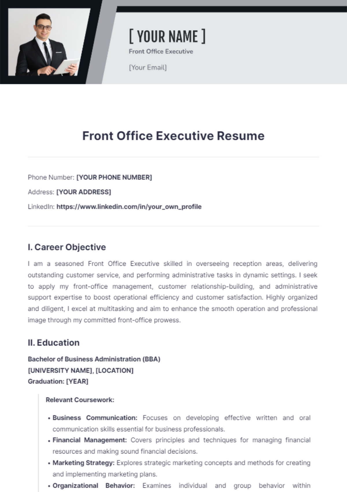 Front Office Executive Resume - Edit Online & Download