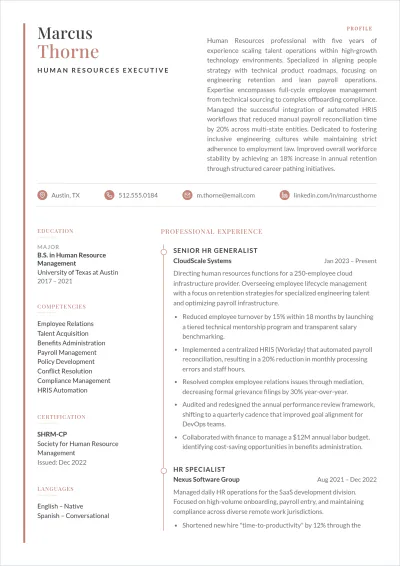 Free HR Executive ATS Resume Template, AI Resume Builder